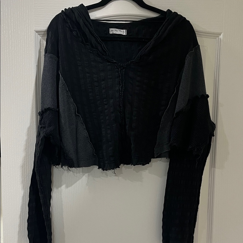 We The Free Black Patchwork Cropped Hooded Top